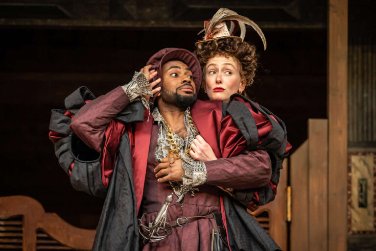 Michael Elcock and Phoebe Naughton in The Comedy of Errors at Shakespeares Globe c. Marc-Brenner