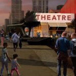 Artist’s impression of Troubadour Greenwich Peninsula Theatre entrance at sunset