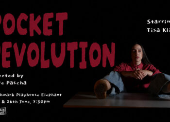 Landscape poster for Pocket Revolution at Southwark Playhouse Elephant, featuring Tisa Klicek seated against a black background with red title text.