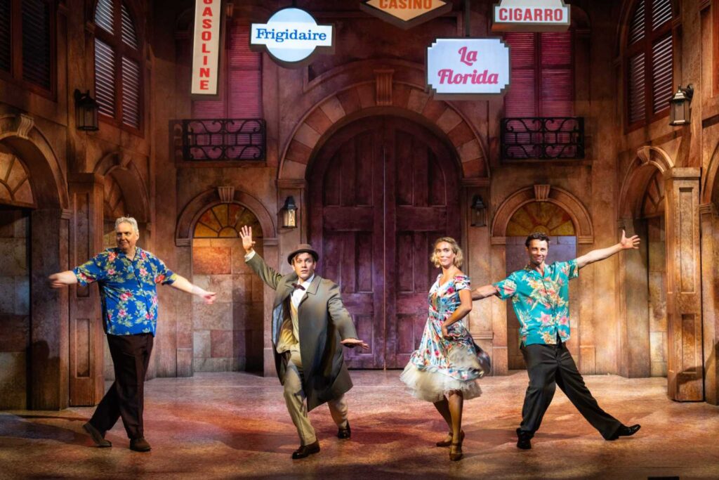 Bob Barrett, Jack Ashton, Jodie Steele and Leon Ockenden in Our Man in Havana at Theatre Royal Windsor.