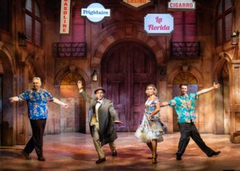 Bob Barrett, Jack Ashton, Jodie Steele and Leon Ockenden in Our Man in Havana at Theatre Royal Windsor.
