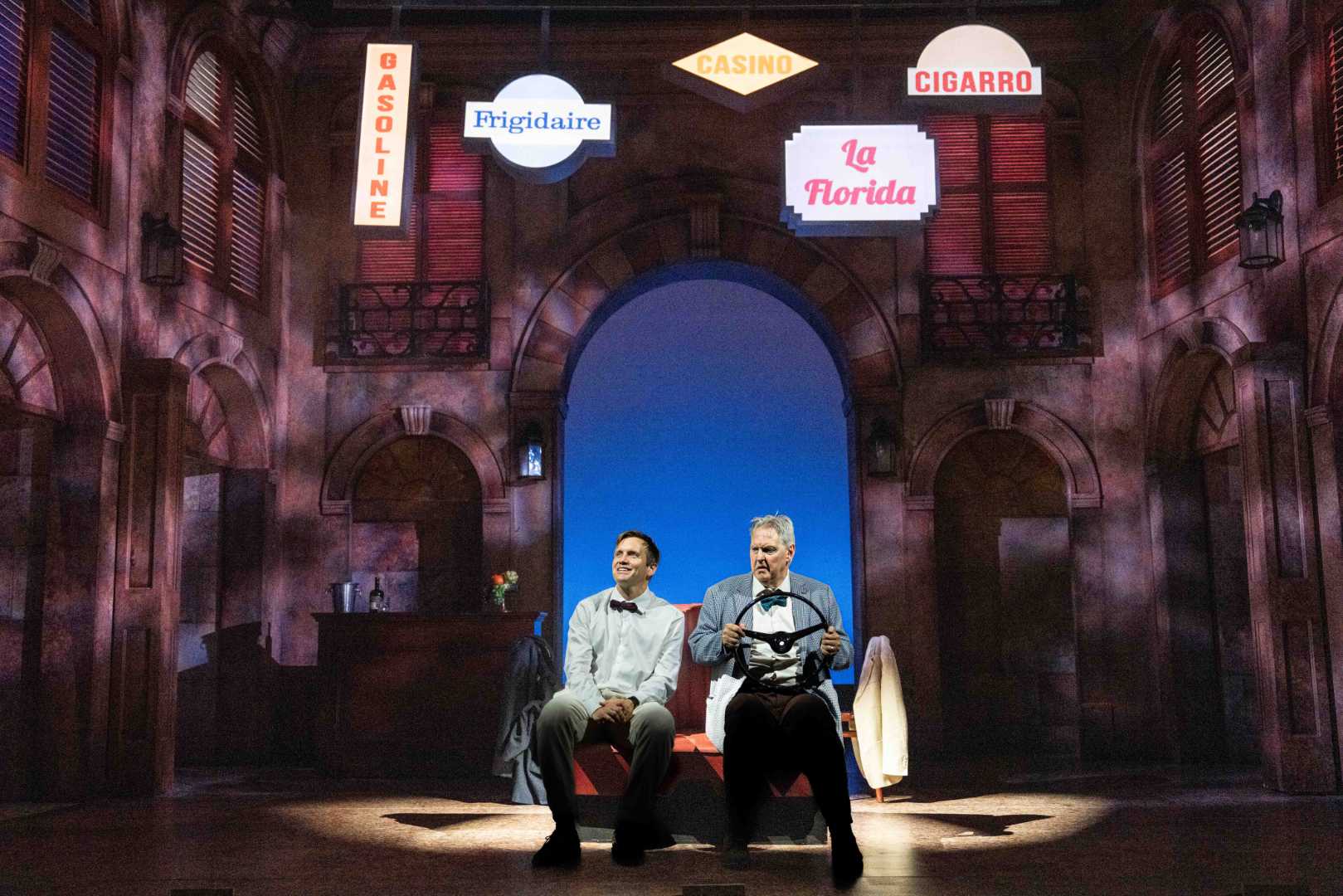 Jack Ashton and Bob Barrett in Our Man in Havana at Theatre Royal Windsor.
