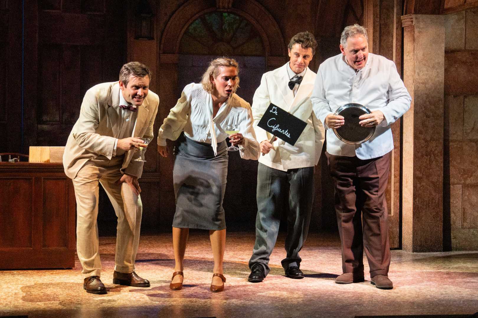 Jack Ashton, Jodie Steele, Leon Ockenden and Bob Barrett in Our Man in Havana at Theatre Royal Windsor.