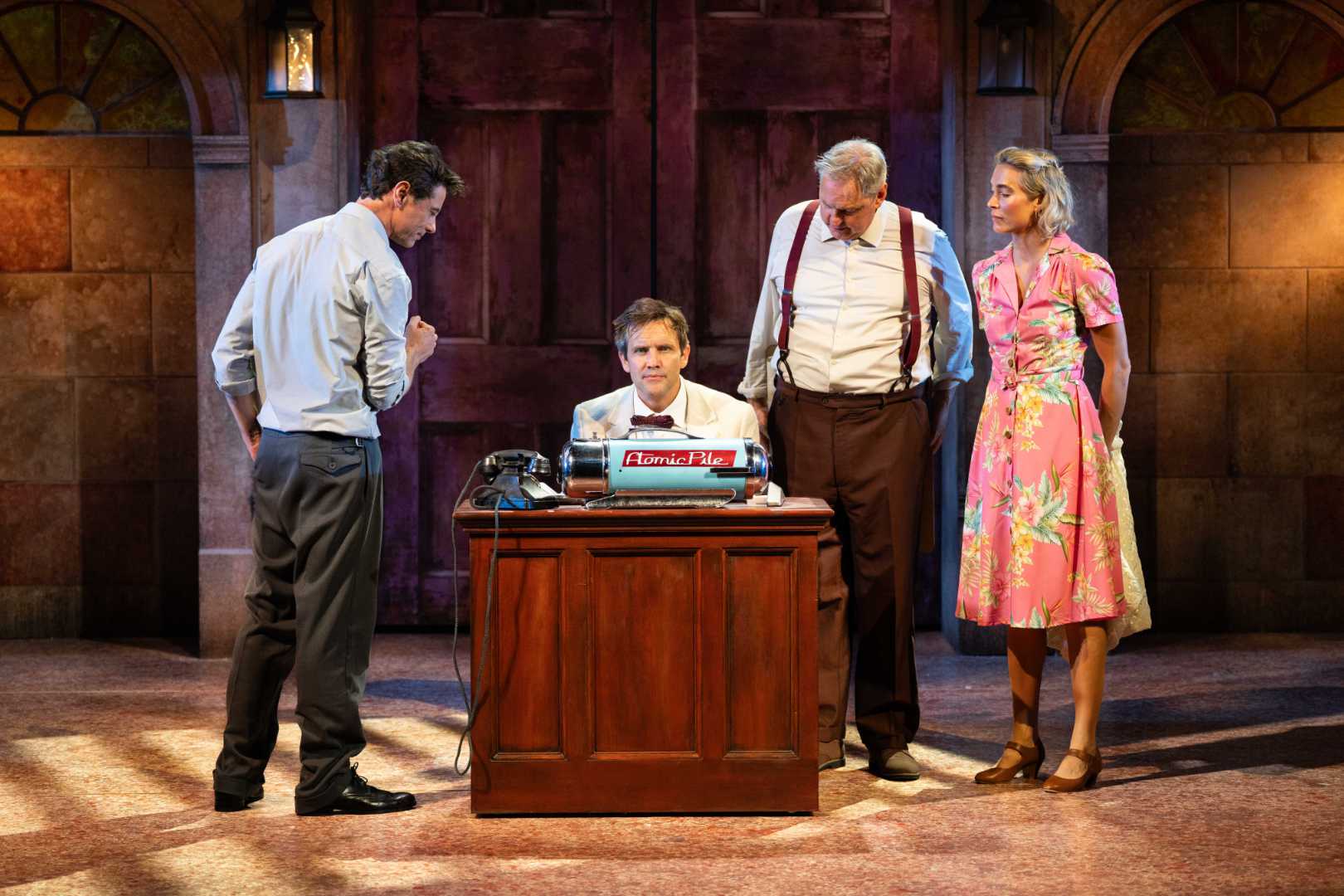 Leon Ockenden, Jack Ashton, Bob Barrett and Jodie Steele in Our Man in Havana at Theatre Royal Windsor.