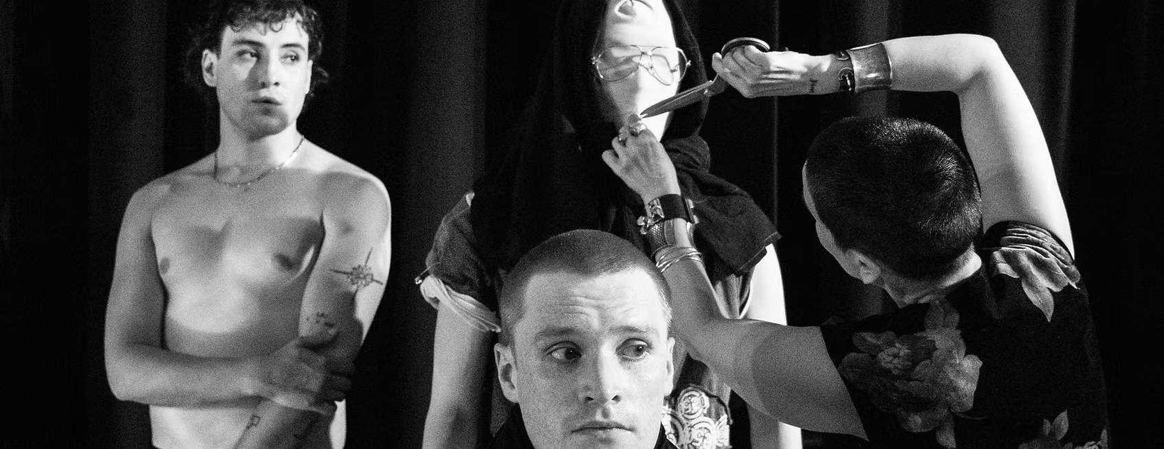 Black-and-white promotional image showing four performers in a tense, surreal tableau for When You Are a Tick at The Hope Theatre.