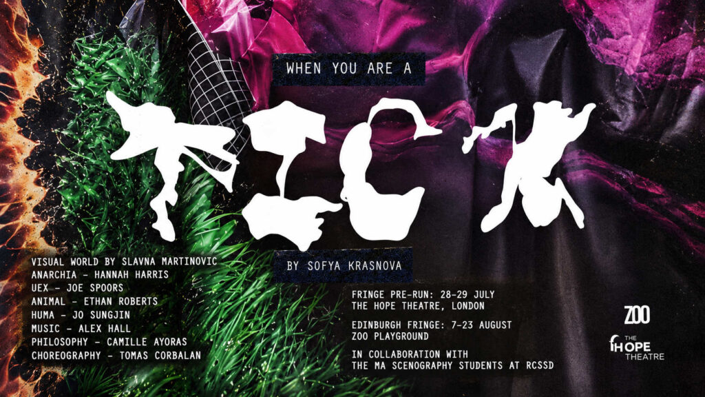 Landscape poster for When You Are a Tick by Sofya Krasnova, with “TICK” formed from white human and insect silhouettes against a vivid green, black and magenta collage.