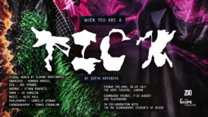 Landscape poster for When You Are a Tick by Sofya Krasnova, with “TICK” formed from white human and insect silhouettes against a vivid green, black and magenta collage.