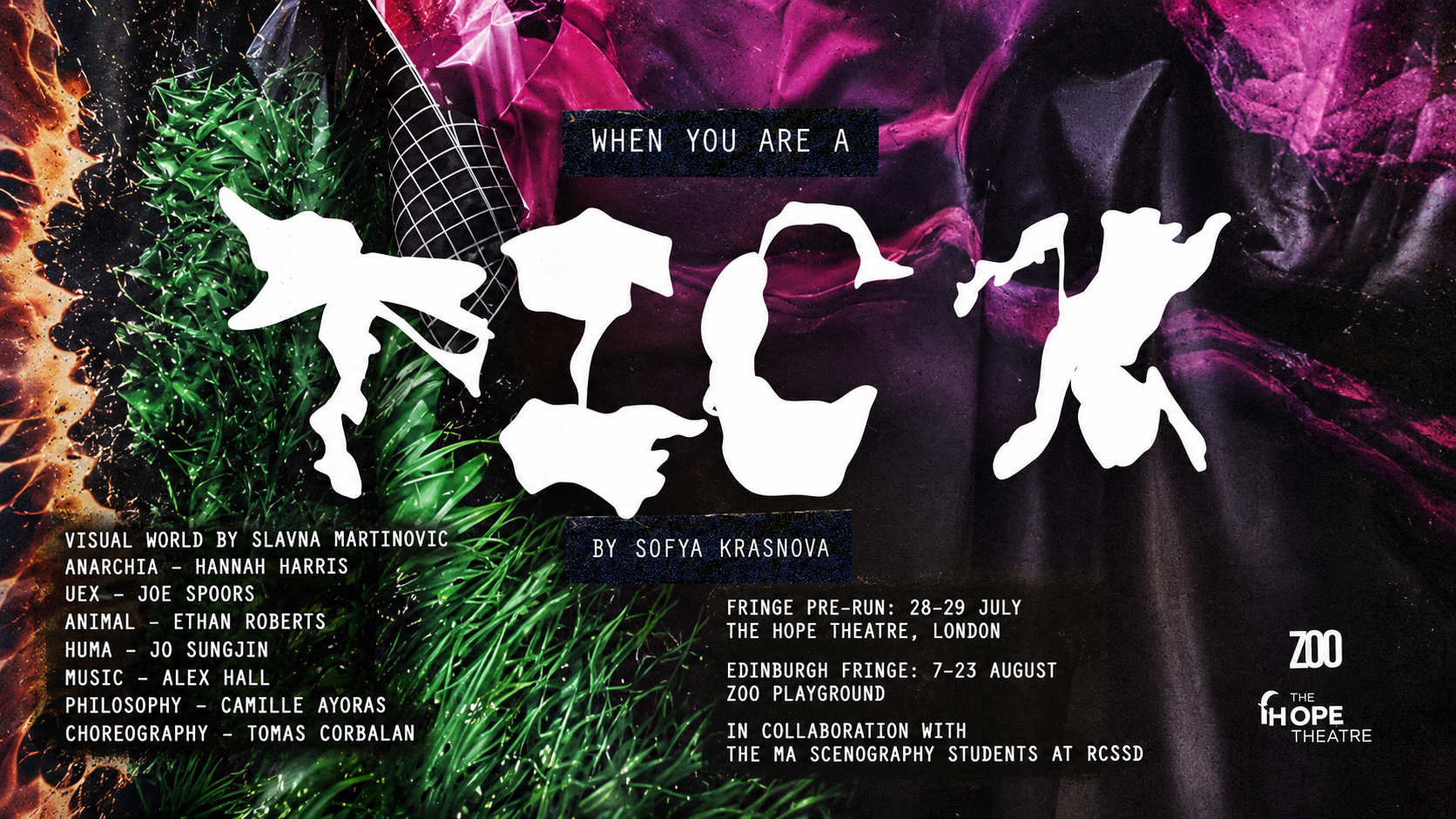 Landscape poster for When You Are a Tick by Sofya Krasnova, with “TICK” formed from white human and insect silhouettes against a vivid green, black and magenta collage.