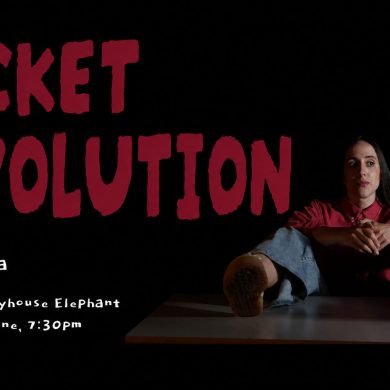 Landscape poster for Pocket Revolution at Southwark Playhouse Elephant, featuring Tisa Klicek seated against a black background with red title text.