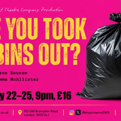 Landscape poster for Have You Took The Bins Out? at Drayton Arms Theatre, showing a black bin bag against a bright pink background with show dates and venue details.
